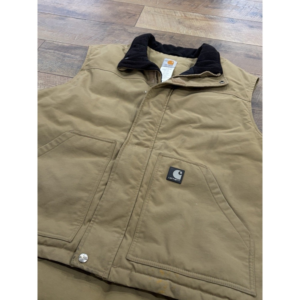 Carhartt V27 DKH Quilted Vest XL Khaki Ribbed Collar Full Zip Canvas Workwear - Picture 5 of 11